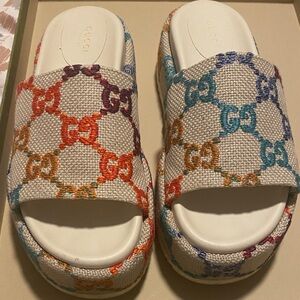Gucci Beige and Multicolor Slide Sandals